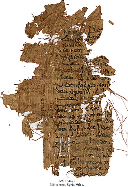 Frammento di papiro del IX secolo, in serto, recante un brano degli Atti degli Apostoli.
